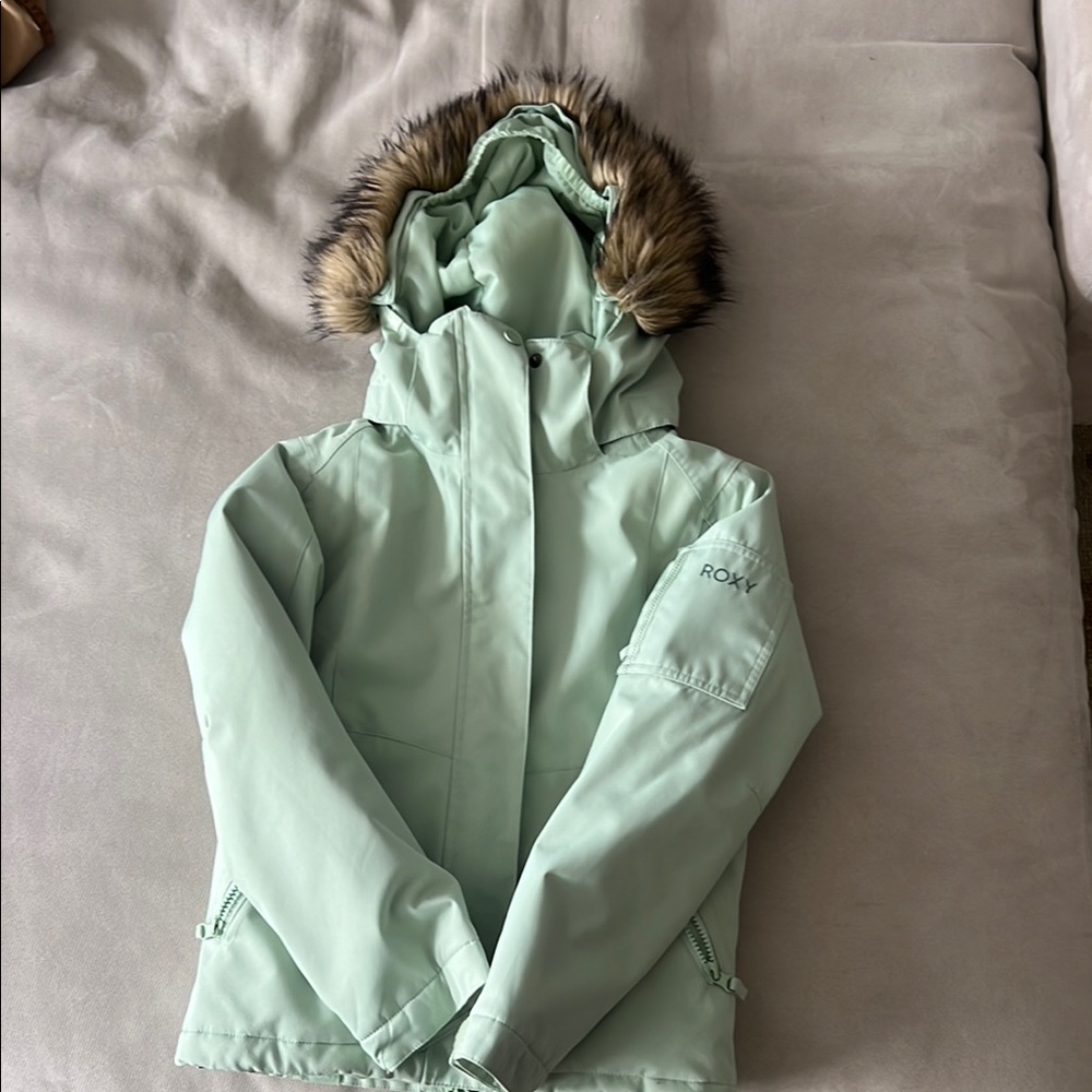 Roxy Girls Mint Green Hooded Winter Jacket with Faux Fur Trim
